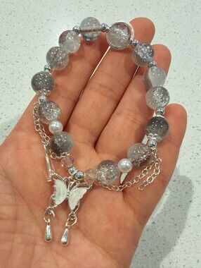 Beautiful Gray Black Beaded Butterfly Charm Braceket Silver Tone Jewelry, NEW